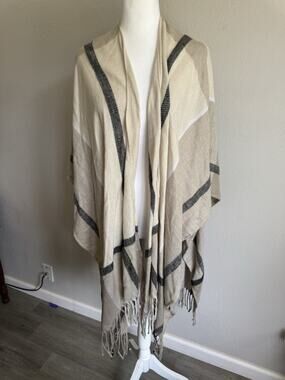 Three Dots Tan Black Checkered Cashmere Wool Blend Shawl Cardigan Womens OS